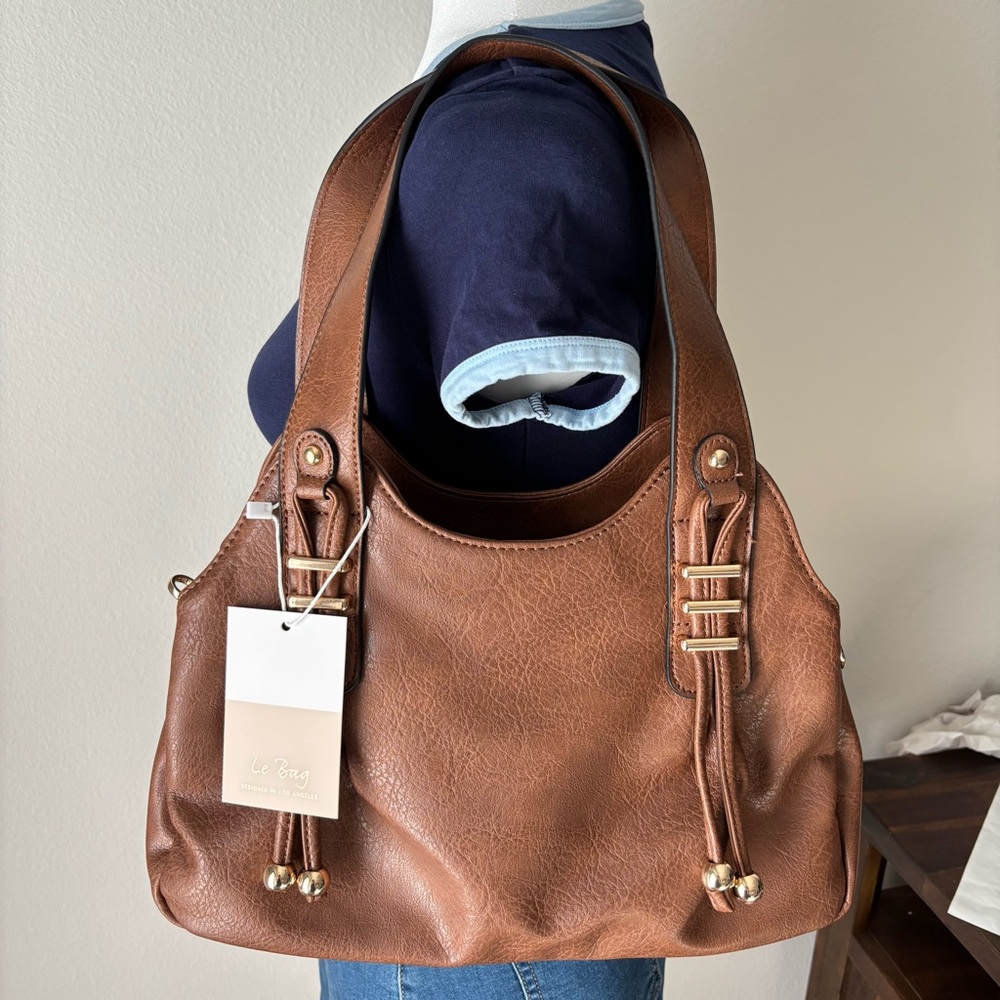 Le Bag Brown Faux Leather Shoulder Bag Crossbody Purse NWT